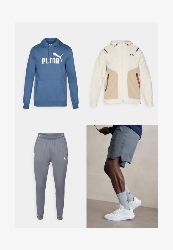 Light cream and beige jacket with a hood, featuring contrasting black accents and red zipper details. Smooth texture, zippered pockets.; Blue cotton hoodie featuring a front kangaroo pocket, ribbed cuffs, and a large white "PUMA" logo with a puma silhouette.; Gray athletic pants with elastic waistband, side pockets, and white accents. Made from a smooth, lightweight material.; White athletic shoes with textured mesh upper, paired with light blue ribbed socks featuring a logo. Grey athletic shorts with perforated trim.