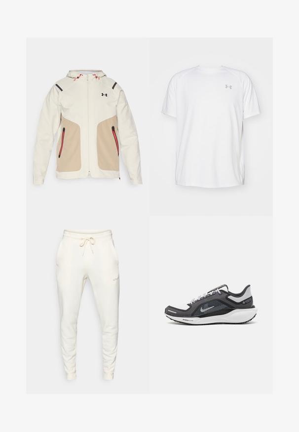 Vaalean kermanvärinen ja beige takki hupulla, jossa on kontrastina mustia yksityiskohtia ja punaisia vetoketjuja. Lisäksi takissa on sileä pinta ja vetoketjulliset taskut.; Valkoinen lyhythihainen urheilupaita, joka on valmistettu sileästä kankaasta. Paidassa on pyöreä kaula-aukko ja harmaa logo vasemmassa rinnassa, sekä sivuhalkiot helmassa.; Valkoiset collegehousut, jotka on valmistettu pehmeästä kankaasta, sisältävät joustovyötärön nauhalla, sivutaskut ja ribattu lahje.; Musta ja harmaa urheilukenka, jossa on verkkopäällinen, heijastavat yksityiskohdat ja valkoinen välipohja. Varustettu kuvioidulla kumipohjalla ja nauhoilla.