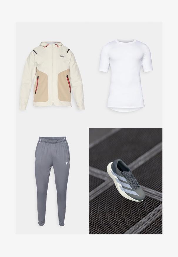 Lys kremfarget og beige jakke med hette, med kontrasterende svarte detaljer og røde glidelåser. Glatt tekstur, med glidelåslommer.; Hvit kortermet prestasjons skjorte laget av elastisk materiale. Har rund hals og flate sømmer for komfort og en tettsittende design.; Grå treningsbukser med elastisk midjebånd, sidelommer og hvite detaljer. Laget av et glatt, lett materiale.; Sportsko leketøy i grått og hvitt, laget av syntetisk materiale, med et strømlinjeformet design, teksturert overflate og fremtredende snøresystem.