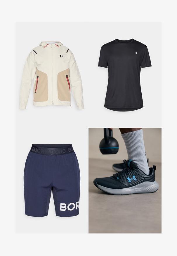 Lys kremfarget og beige jakke med hette, med kontrasterende svarte detaljer og røde glidelåser. Glatt tekstur, med glidelåslommer.; Svart kortermet t-skjorte laget av glatt stoff med rund hals og en liten hvit logo på venstre brystområde.; Marineblå shorts med svart elastisk midjebånd som har präglad text "BJÖRN BORG". Høyre ben viser en stor hvit prikkete "BOR" logo.; Svarte idrettsko med blå detaljer, teksturert overdel og grå såle. Brukt med grå ribbestrikkede sokker, ved siden av en svart kettlebell.