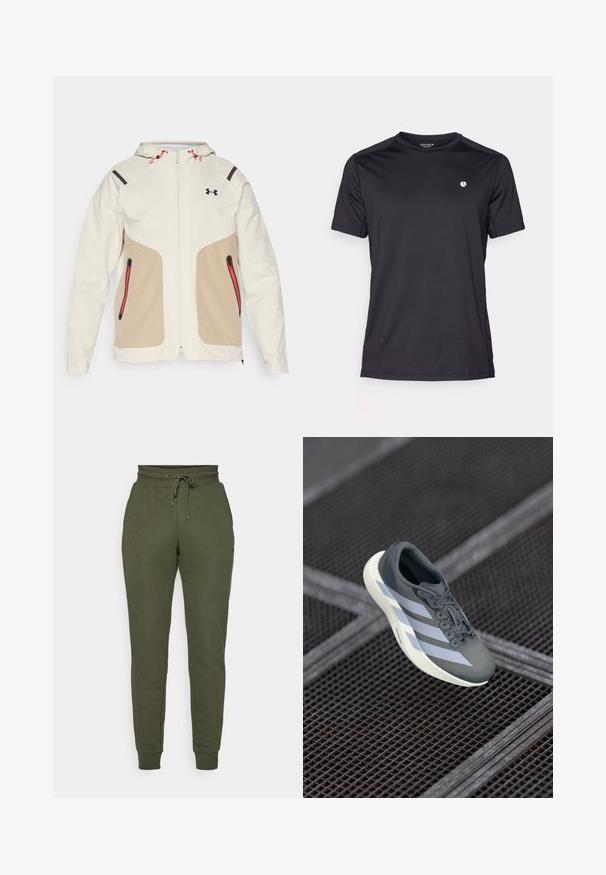 Svijetla krem i bež jakna s kapuljačom, s kontrastnim crnim detaljima i crvenim patentnim zatvaračima. Glatka tekstura, džepovi na patent zatvarač.; Crna kratka sportska majica s kratkim rukavima izrađena od glatkog, laganog materijala. Ima mali bijeli logotip branda na prsima.; Maslinasto zelene trenirke od mekog materijala, sa strukom na vezanje, suženim nogavicama i bočnim džepovima. Jednostavan, jednoličan dizajn.; Sportska cipela u sivoj i bijeloj boji, izrađena od sintetičkog materijala, s aerodinamičnim dizajnom, teksturiranom površinom i istaknutim sistemom vezivanja.
