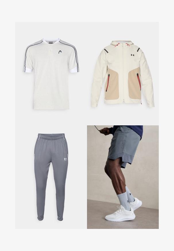 Gaišas krēms un bēše jaka ar kapuci, ar kontrastējošiem melniem akcentiem un sarkanu rāvējslēdzēju detaļām. Gluda tekstūra, kabatas ar rāvējslēdzēju.; Gaišas pelēks kokvilnas polo krekls ar īsām piedurknēm, balta apkakle, divu pogu aizdare un tumši pelēkas akcenta svītras uz pleciem.; Pelēki sporta bikses ar elastīgu jostu, sānu kabatām un baltām akcents. Izgatavotas no gludas, vieglas materiāla.; Baltas sporta apavu pāris ar strukturētu acs virsu, apvienots ar gaiši zilo riboto zeķu pāri, kurā ir zīmols. Pelēki sporta šorti ar perforētu apdari.
