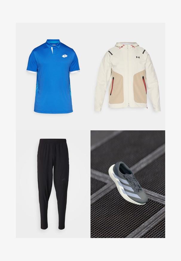 Světle krémová a béžová bunda s kapucí, která má kontrastní černé akcenty a červené detaily na zipu. Hladká textura, kapsy na zip.; Modrá polokošile s bílým límečkem a akcenty, s geometrickým vzorem po stranách. Vyrobena z lehkého, hladkého materiálu.; Černé sportovní kalhoty s elastickým páskem, zúženým střihem, bočními kapsami a nenápadným logem. Vyrobeno z pružné, prodyšné látky.; Sportovní obuv v šedé a bílé barvě, vyrobená z syntetického materiálu, s aerodynamickým designem, texturovaným povrchem a výrazným systémem šněrování.