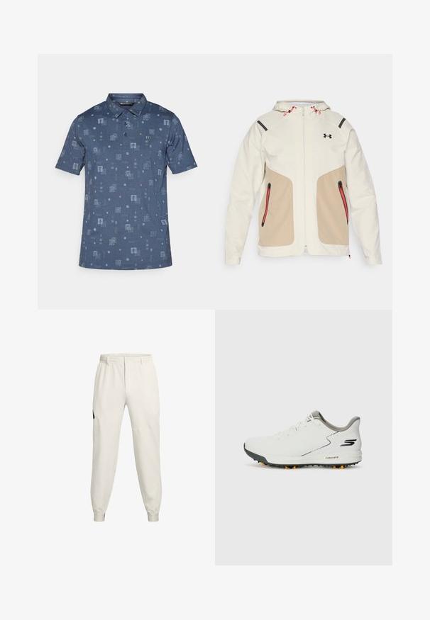 Světle krémová a béžová bunda s kapucí, která má kontrastní černé akcenty a červené detaily na zipu. Hladká textura, kapsy na zip.; Pánská polo tričko s krátkým rukávem v tmavě modré barvě, s texturovaným vzorem čtverců a geometrických tvarů ve světle modré a akcenty korálové barvy.; Světlé béžové joggingové kalhoty s elastickým pasem, bočními kapsami a žebrovanými manžetami; mají černý logo akcent na levém bocích.; Bílé sportovní boty s hladkým svrškem, šedými akcenty a texturovanou černou podrážkou se oranžovými hroty. Lehké provedení zaměřené na pohodlí.