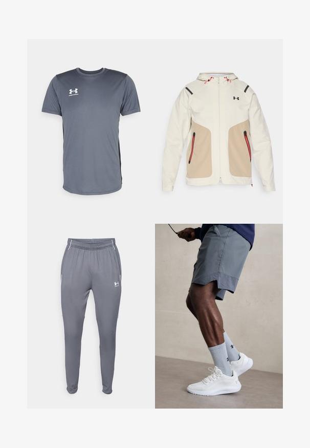 Šviesiai kreminė ir chaki striukė su kapišonu, su kontrastingais juodais akcentais ir raudonais užtrauktukais. Lygi tekstūra, užtrauktukiniai kišenės.; Pilkas sportinis marškinėliai su trumpomis rankovėmis. Su apvaliu iškirpimu ir baltu Under Armour logotipu priekinėje kairėje krūtinės pusėje. Lygi tekstūra.; Pilkos sportinės kelnės su elastingu juosmeniu, šoninėmis kišenėmis ir baltais akcentais. Pagamintos iš lygios, lengvos medžiagos.; Balti sportiniai bateliai su tekstūruotu tinkleliu viršuje, derinami su šviesiai mėlynomis ribotomis kojinėmis su logotipu. Pilki sportiniai šortai su perforuota apdaila.