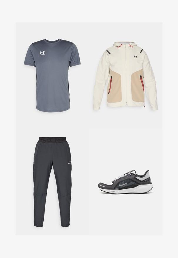 Light cream and beige jacket with a hood, featuring contrasting black accents and red zipper details. Smooth texture, zippered pockets.; Gray athletic t-shirt with short sleeves. Features a round neckline and a white Under Armour logo on the front left chest. Smooth texture.; Nike Pro pants in dark gray, featuring a black elastic waistband with "PRD" and "NIKE PRO" text, smooth fabric, tapered design, and subtle stitching details.; Black and gray athletic shoe with a mesh upper, reflective accents, and a white midsole. Features textured rubber outsole and laces.