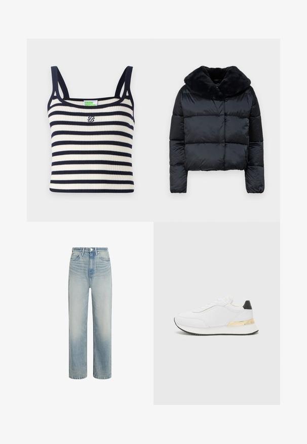 Fekete puffball kabát vastag szőrmével, tűzött dizájnnal, rövidített hosszal és hosszú ujjakkal. Simább, fényes külső anyag.; Csíkozott, bordázott ujjú póló sötétkék és fehér vízszintes csíkokkal. Keskeny vállpántokkal rendelkezik, és a mellrészen egy kis hímzett logó található.; Világoskék farmernadrág egyenes szabással, magas derékkal és kopott textúrával. Elöl gombos zárással és klasszikus öt zsebes kialakítással rendelkezik.; Fehér sneakers sima felülettel, fekete sarok kiemeléssel és arany fém részlettel a talp középső részén. Fűzős kialakítás, gumitalp.