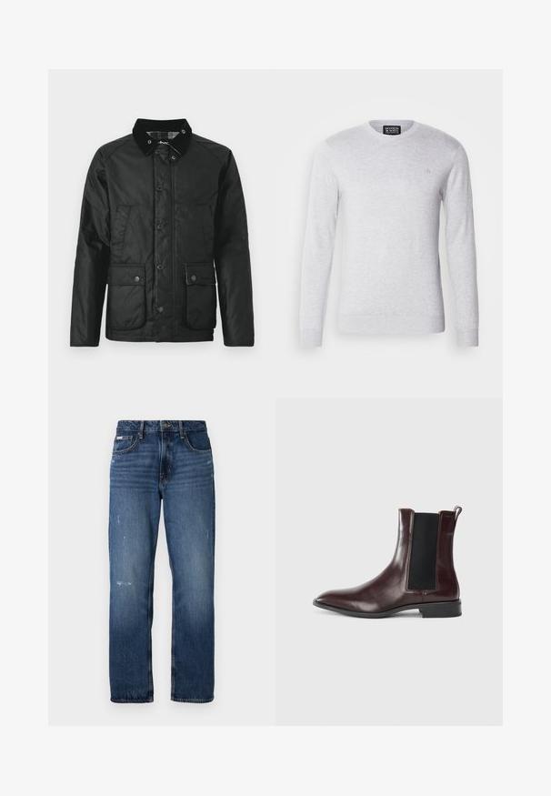 Black waterproof jacket with a velvety collar, snap buttons, two front pockets, and a soft texture. Features a plaid lining.; Light gray knitted sweater with long sleeves, round neckline, and a small logo embroidered on the chest. Soft texture, casual design.; Blue denim jeans with a straight leg design. Features faded areas and light distressing on the front, with a classic button closure.; Brown leather Chelsea boot with elastic side panels, pointed toe, and a smooth texture. Black base and subtle stitching detail.