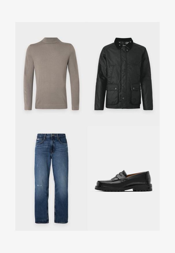 Veste noire imperméable avec un col en velours, des boutons pression, deux poches avant et une texture douce. Dotée d'une doublure à carreaux.; Pull à col roulé marron clair à manches longues. Texture douce en maille, coupe ajustée, poignets et ourlet côtelés. Conception simple et sans coutures.; Jeans en denim bleu avec une coupe droite. Présente des zones décolorées et un léger effet usé à l'avant, avec une fermeture classique à boutons.; Des mocassins en cuir noir présentent une couture surélevée, deux sangles décoratives sur le dessus et une semelle épaisse et texturée pour une meilleure adhérence.