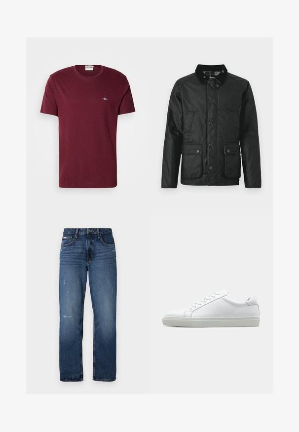 Musthave veekindel must mantel sametise krae, nööpidega, kahe esikäega ja pehme tekstuuriga. Sisevooder on tartaanmustriga.; Burgundia lühikeste varrukatega ümar kaelusega T-särk, mille vasakul rinnal on väike valge broderi GANT logo.; Sinine denimist valmistatud sirge jala disainiga teksad. Esiosal on pleekinud alad ja kerge kulumine, klassikaline nupplukuga.; Valge tennisetoss, millel on sile nahk pealis ja madal profiil. Omab ümarat ninaosa, kuut silmust ja tekstuuriga kummist talda.