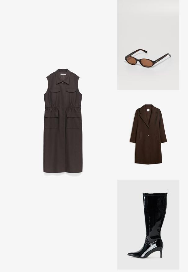 Brązowy płaszcz z mieszanki wełny z klapami, dwoma przednimi kieszeniami i zapięciem na jeden guzik. Prosty krój z długimi rękawami.; Brązowa sukienka bez rękawów z kołnierzykiem, dwoma kieszeniami na piersi, talią ze sznurkiem i pełną długością. Gładki materiał o matowej teksturze.; Czarne lśniące skórzane kozaki do kolan z wąskim czubkiem i smukłym wysokim obcasem. Posiadają zamek błyskawiczny z tyłu oraz gładką, błyszczącą teksturę.; Okulary przeciwsłoneczne w kształcie owalu w kolorze tortoise z brązowymi soczewkami, ustawione pod kątem, aby pokazać logo "QUAY" na prawej świątyni na jednolitym tle.; Liebeskind Berlin KAYLA czarny