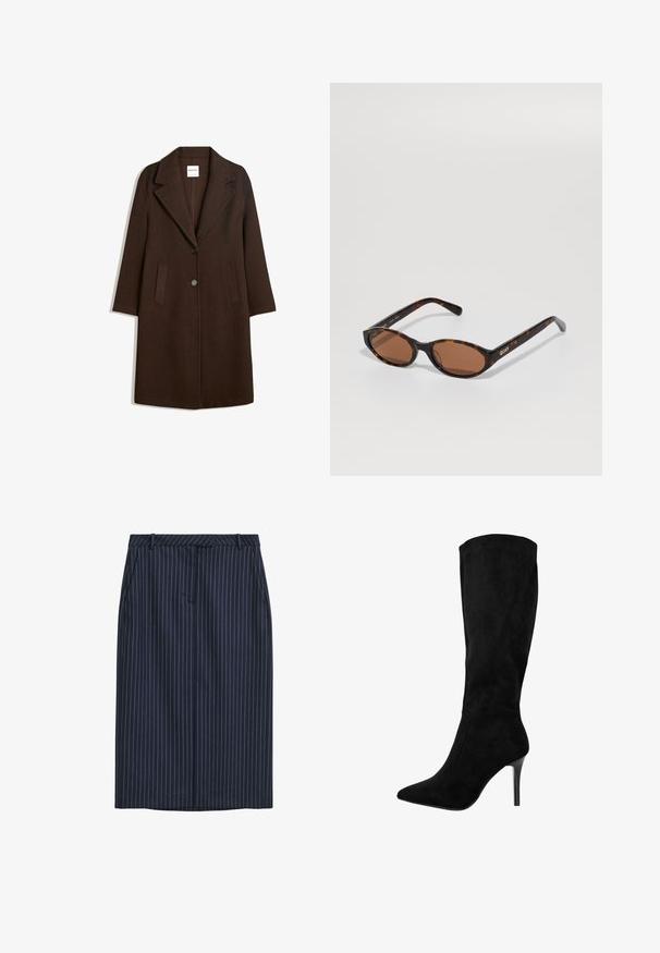 Brauner Wollmischungs-Mantel mit Schalkragen, zwei vorderen Taschen und einer einzelnen Knopfschließe. Gerader Schnitt mit langen Ärmeln.; Schwarzer, langärmeliger Strickpullover mit gerippten Bündchen und Saum, Rundhalsausschnitt und einem kleinen weißen Markenlabel im Kragen.; Marineblaue Nadelstreifen-Bleistiftrock mit geradem Schnitt, Fronttaschen, einem Bund und einer glatten Textur. Keine sichtbaren Verschlüsse oder Schließungen.; Schwarze Wildleder kniehohe Stiefel mit einer spitzen Zehe und Stiletto-Absatz. Glatte Textur, elegantes Design, keine sichtbaren Beschläge oder Akzente.; Schildpatt ovalen Sonnenbrillen mit braunen Gläsern, schräg gehalten, um das "QUAY"-Logo am rechten Gestell auf einem schlichten Hintergrund zu zeigen.; Liebeskind Berlin KAYLA SATCHEL - Handtasche - schwarz