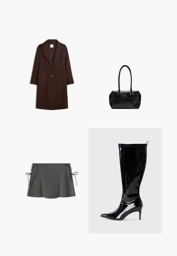 Brown wool blend coat with a notched lapel, two front pockets, and a single button closure. Straight cut with long sleeves.; Black long-sleeve knitted sweater with ribbed cuffs and hem, crew neckline, and a small white brand label inside the collar.; Gray pinstriped skirt featuring side ruching, ties, and a flared silhouette. Fabric texture appears smooth with a slight sheen.; Black patent leather knee-high boot with a pointed toe and a slim high heel. Features a rear zipper and smooth, glossy texture.; Liebeskind Berlin KAYLA SATCHEL - Handbag - schwarz