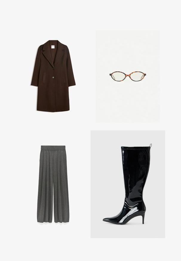 Brauner Wollmischungs-Mantel mit Schalkragen, zwei vorderen Taschen und einer einzelnen Knopfschließe. Gerader Schnitt mit langen Ärmeln.; Schwarzer, langärmeliger Strickpullover mit gerippten Bündchen und Saum, Rundhalsausschnitt und einem kleinen weißen Markenlabel im Kragen.; Graue plissierte Culottes aus einem strukturierten Stoff, mit einem weiten Beinansatz und einem elastischen Bund für eine lockere Passform.; Schwarze Lackleder-Knöchelstiefel mit spitzem Schuh und schlankem hohen Absatz. Verfügt über einen Reißverschluss an der Rückseite und eine glatte, glänzende Textur.; Schildpatt-Eyegläser mit ovalen Gläsern und einer eleganten, glatten Oberfläche. Mit dünnen Seiten und einer subtilen Kurve an den Schläfen. Klare Gläser.; Liebeskind Berlin KAYLA SATCHEL - Handtasche - schwarz