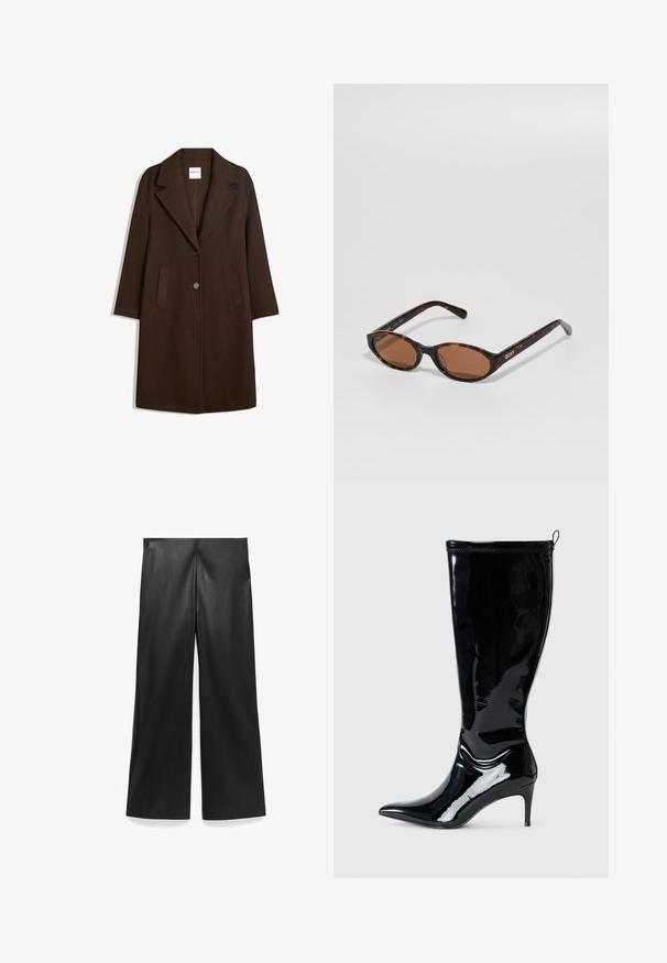 Brązowy płaszcz z mieszanki wełny z klapami, dwoma przednimi kieszeniami i zapięciem na jeden guzik. Prosty krój z długimi rękawami.; Czarny, długi sweter z dzianiny z ribbowanymi mankietami i dołem, okrągłym dekoltem oraz małą białą metką marki wewnątrz kołnierza.; Czarne spodnie w szerokim kroju wykonane z ekologicznej skóry, z gładką teksturą i minimalistycznym designem, bez widocznych elementów metalowych lub wzorów.; Czarne lśniące skórzane kozaki do kolan z wąskim czubkiem i smukłym wysokim obcasem. Posiadają zamek błyskawiczny z tyłu oraz gładką, błyszczącą teksturę.; Okulary przeciwsłoneczne w kształcie owalu w kolorze tortoise z brązowymi soczewkami, ustawione pod kątem, aby pokazać logo "QUAY" na prawej świątyni na jednolitym tle.; Liebeskind Berlin KAYLA czarny