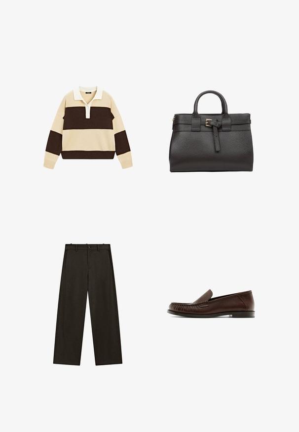 Brown wool blend coat with a notched lapel, two front pockets, and a single button closure. Straight cut with long sleeves.; Cream, brown, and beige striped pullover with a V-neck and three-button placket. Soft knit texture and dropped shoulders.; Wide-leg trousers made of dark fabric, featuring a flat front with belt loops, two side pockets, and a classic button closure.; Brown leather loafers with a rounded toe and elastic goring. The shoe features decorative stitching and a flat, minimal heel.; Dark brown leather handbag featuring a textured surface, two short handles, a buckle detail, and a structured shape.