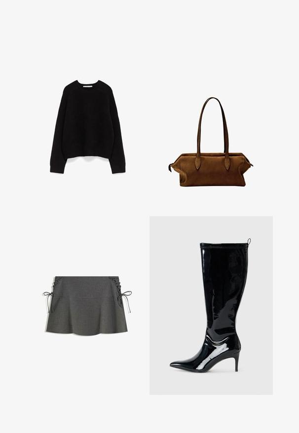 Cappotto in misto lana marrone con revers a punta, due tasche frontali e chiusura con un solo bottone. Taglio dritto con maniche lunghe.; Maglione nero a maniche lunghe in maglia, con polsini e orlo a coste, scollatura a girocollo e una piccola etichetta bianca del marchio all'interno del colletto.; Gonna grigia a righe sottili con arricciature laterali, lacci e una silhouette svasata. La trama del tessuto appare liscia con una leggera lucentezza.; Stivale lungo in pelle verniciata nera con punta affusolata e tacco alto slim. Presenta una zip posteriore e una texture liscia e lucida.; Borsa a tracolla in suede marrone con due manici dritti, forma rettangolare e design elegante. Presenta una chiusura a zip e sottili dettagli di cucitura.