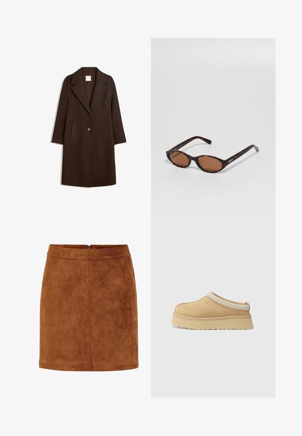 Bruine wolblendjas met een opstaande kraag, twee frontzakken en een enkele knoopsluiting. Rechte snit met lange mouwen.; Twee tanktops: de ene in donkerbruin met ribbelstructuur en brede banden, de andere in gebroken wit, van gladde stof met een vergelijkbaar ontwerp.; Bordeaux fluwelen minirok met een gladde textuur, rechte snit en een discrete achterrits. Bevat naaddetails voor structuur.; Tan suède instapschoen met een gevoerd kraagje en een gestructureerde lichtblauwe accent. Voorzien van een dikke, duurzame buitenzool met een patroon in de loop.; Schildpad ovale zonnebril met bruine lenzen, gekanteld om het "QUAY" logo op de rechter poot tegen een effen achtergrond te laten zien.; Bruine suede handtas met twee rechte handvaten, rechthoekige vorm en een slank ontwerp. Heeft een ritsluiting en subtiele stiksels.