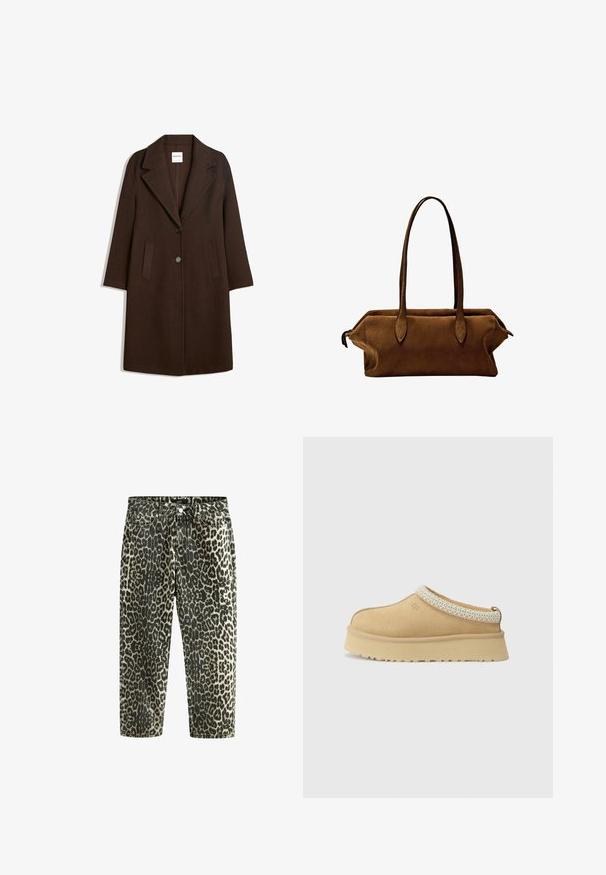 Hnědý vlněný kabát s klopovým límcem, dvěma předními kapsami a jedním knoflíkovým zapínáním. Rovný střih s dlouhými rukávy.; Dvě tílka: jedno v tmavě hnědé barvě s žebrovanou texturou a širokými ramínky, druhé v smetanově bílé barvě, hladká tkanina se podobným designem.; Džínové kalhoty s leopardím potiskem, vysokým pasem a rovnými nohavicemi, s tmavě a světle béžovými vzory, pět kapsami a kovovými detaily.; Světlé semišové nazouvací boty s polstrovaným límcem a texturovaným světle modrým akcentem. Vybaveny silnou, odolnou podrážkou s vzorovaným profilem.; Hnědá semišová kabelka se dvěma rovnými uchy, obdélníkovým tvarem a elegantním designem. Disponuje zipovým zapínáním a jemným prošíváním.