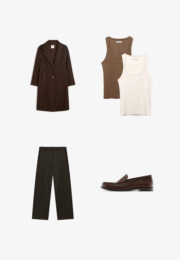 Brauner Wollmischungs-Mantel mit Schalkragen, zwei vorderen Taschen und einer einzelnen Knopfschließe. Gerader Schnitt mit langen Ärmeln.; Zwei Tanktops: eines in Dunkelbraun mit gerippter Textur und breiten Trägern, das andere in Cremefarbe, glattes Material mit ähnlichem Design.; Weite Hose aus dunklem Stoff, mit flachem Frontbereich, Gürtelschlaufen, zwei Seitentaschen und klassischem Knopfverschluss.; Braune Lederloafers mit runder Zehenform und elastischen Einsätzen. Der Schuh verfügt über dekorative Nähte und einen flachen, minimalistischen Absatz.