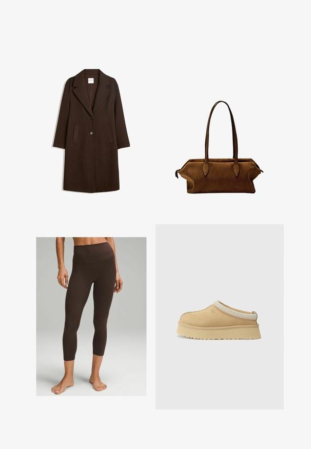 Manteau en mélange de laine marron avec un col cranté, deux poches avant et une fermeture à un bouton. Coupe droite avec manches longues.; Deux débardeurs : l'un en marron foncé avec une texture côtelée et des bretelles larges, l'autre en blanc cassé, en tissu lisse avec un design similaire.; lululemon Align™ High-Rise Crop 58" - Leggings - espresso; Chaussure slip-on en daim beige avec un col rembourré et un accent texturé bleu clair. Elle dispose d'une semelle extérieure épaisse et durable avec un profil de traction.; Sac à main en daim marron avec deux poignées droites, de forme rectangulaire et au design épuré. Il dispose d'une fermeture zippée et de subtils accents de couture.