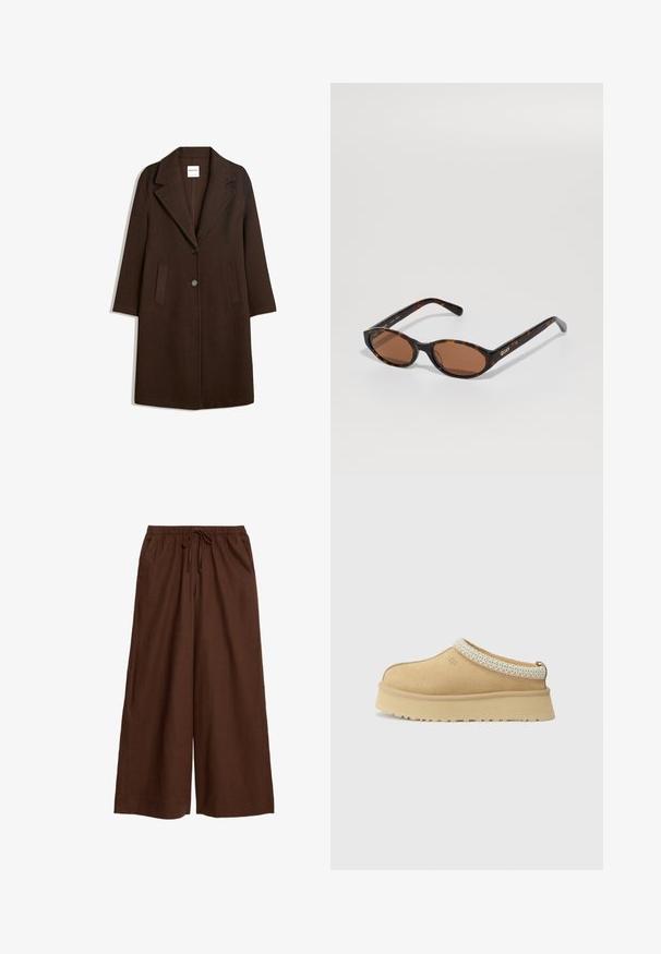 Brązowy płaszcz z mieszanki wełny z klapami, dwoma przednimi kieszeniami i zapięciem na jeden guzik. Prosty krój z długimi rękawami.; Dwa topy: jeden w ciemnym brązie z prążkowanej tekstury i szerokimi ramiączkami, drugi w kolorze ecru, gładki materiał w podobnym stylu.; Brązowe, szerokie spodnie wykonane z lekkiego materiału, z elastycznym pasem w talii i sznurkiem do regulacji oraz bocznymi kieszeniami.; Sandały slip-on w kolorze tan z wyściełanym kołnierzem i teksturowanym, jasnoniebieskim akcentem. Posiadają grubą, trwałą podeszwę z wzorzystym bieżnikiem.; Okulary przeciwsłoneczne w kształcie owalu w kolorze tortoise z brązowymi soczewkami, ustawione pod kątem, aby pokazać logo "QUAY" na prawej świątyni na jednolitym tle.; Brązowa torebka z zamszu z dwoma prostymi uchwytami, prostokątnym kształtem i eleganckim designem. Posiada zamek błyskawiczny oraz dyskretne akcenty w postaci przeszyć.