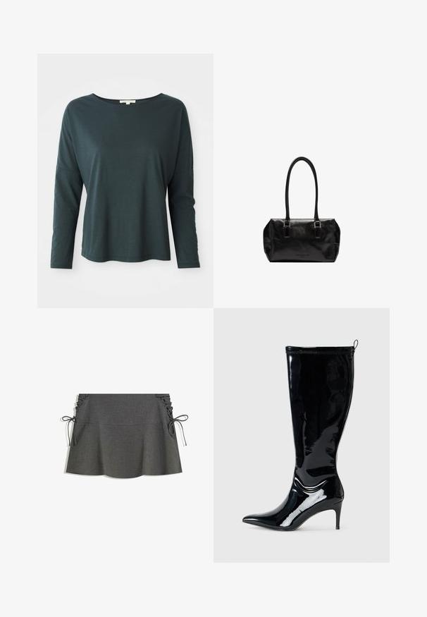 Brown wool blend coat with a notched lapel, two front pockets, and a single button closure. Straight cut with long sleeves.; Dark teal long-sleeve relaxed-fit shirt with boat neckline on white background, size small, soft lightweight fabric.; Gray pinstriped skirt featuring side ruching, ties, and a flared silhouette. Fabric texture appears smooth with a slight sheen.; Black patent leather knee-high boot with a pointed toe and a slim high heel. Features a rear zipper and smooth, glossy texture.; Liebeskind Berlin KAYLA SATCHEL - Handbag - schwarz