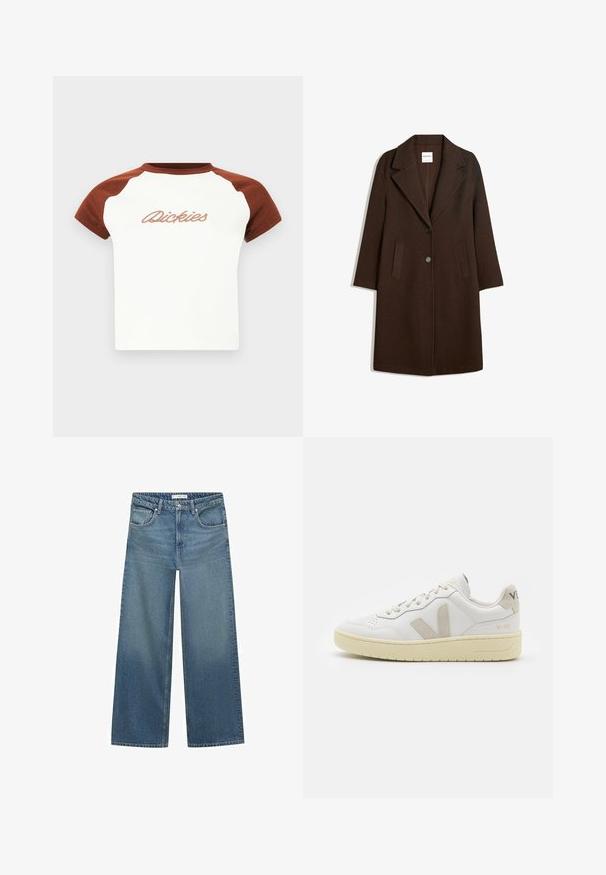 Hnědý vlněný kabát s klopovým límcem, dvěma předními kapsami a jedním knoflíkovým zapínáním. Rovný střih s dlouhými rukávy.; Tričko s krátkým rukávem, bílé barvy s hnědými raglánovými rukávy. Na hrudi je stylizovaný nápis "Dickies" ušitý nitěmi. Hladká textura.; Světle modré široké džíny vyrobené z denimu, s polovičním pasem, dvěma předními kapsami a klasickými stehy.; Bílé kožené tenisky s béžovými semišovými akcenty, perforovanou špičkou, plochými tkaničkami a strukturovanou krémovou podešví. Obsahují jemné logo na patě.
