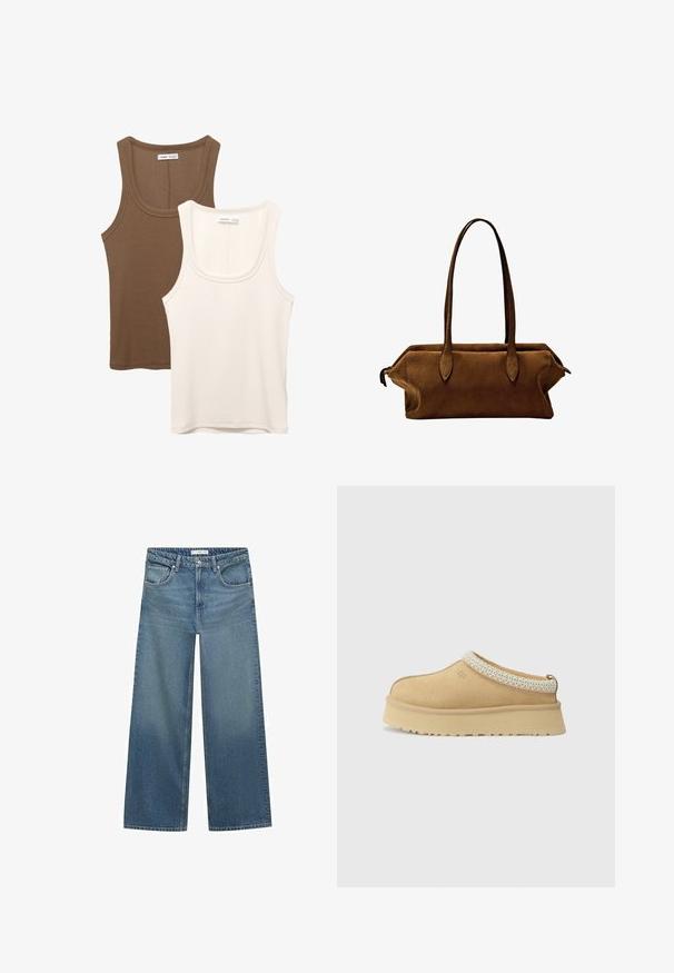 Brauner Wollmischungs-Mantel mit Schalkragen, zwei vorderen Taschen und einer einzelnen Knopfschließe. Gerader Schnitt mit langen Ärmeln.; Zwei Tanktops: eines in Dunkelbraun mit gerippter Textur und breiten Trägern, das andere in Cremefarbe, glattes Material mit ähnlichem Design.; Helleblaue weit geschnittene Jeans aus Denim mit mittelhoher Taille, zwei Fronttaschen und klassischen Nähten.; Beige Wildleder Slipper mit gepolstertem Kragen und strukturiertem hellblauen Akzent. Verfügt über eine dicke, strapazierfähige Außensohle mit gemusterter Profilierung.; Braune Wildleder-Handtasche mit zwei geraden Griffen, rechteckiger Form und schickem Design. Verfügt über einen Reißverschlussverschluss und dezente Nähte.