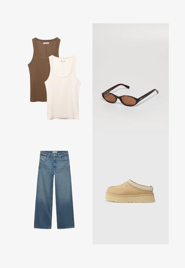 Bruine wolblendjas met een opstaande kraag, twee frontzakken en een enkele knoopsluiting. Rechte snit met lange mouwen.; Twee tanktops: de ene in donkerbruin met ribbelstructuur en brede banden, de andere in gebroken wit, van gladde stof met een vergelijkbaar ontwerp.; Lichtblauwe wijde jeans van denim, met een middelhoge taille, twee voorkruiszakken en klassieke stikdetails.; Tan suède instapschoen met een gevoerd kraagje en een gestructureerde lichtblauwe accent. Voorzien van een dikke, duurzame buitenzool met een patroon in de loop.; Schildpad ovale zonnebril met bruine lenzen, gekanteld om het "QUAY" logo op de rechter poot tegen een effen achtergrond te laten zien.; Bruine suede handtas met twee rechte handvaten, rechthoekige vorm en een slank ontwerp. Heeft een ritsluiting en subtiele stiksels.