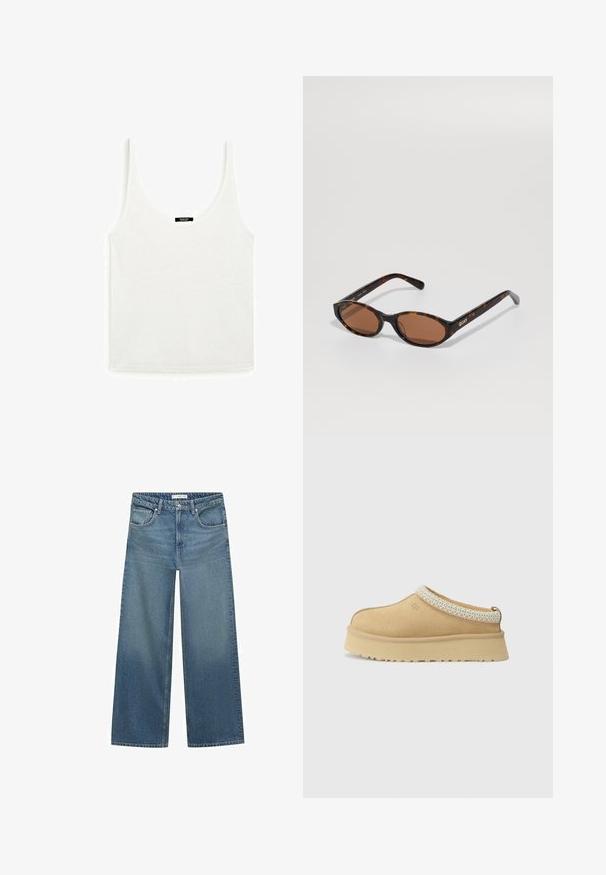 Brauner Wollmischungs-Mantel mit Schalkragen, zwei vorderen Taschen und einer einzelnen Knopfschließe. Gerader Schnitt mit langen Ärmeln.; Weißes Tanktop aus weicher Baumwolle, mit Rundhalsausschnitt und dünnen Trägern. Einfaches, schmuckloses Design mit geradem Saum.; Helleblaue weit geschnittene Jeans aus Denim mit mittelhoher Taille, zwei Fronttaschen und klassischen Nähten.; Beige Wildleder Slipper mit gepolstertem Kragen und strukturiertem hellblauen Akzent. Verfügt über eine dicke, strapazierfähige Außensohle mit gemusterter Profilierung.; Schildpatt ovalen Sonnenbrillen mit braunen Gläsern, schräg gehalten, um das "QUAY"-Logo am rechten Gestell auf einem schlichten Hintergrund zu zeigen.; Braune Lederhandtasche mit zwei stabilen Griffen, rechteckiger Form, glatter Oberfläche und Reißverschluss. Minimalistisches Design ohne sichtbare Muster.