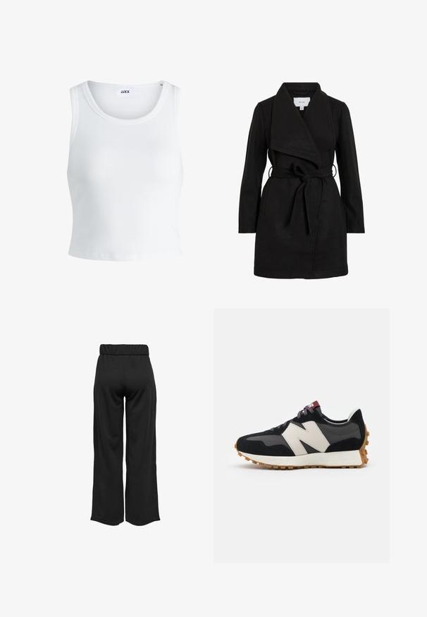 Casaco de trench coat preto com um design envolvente, gola oversized, cintura com cinto e dois bolsos laterais. Feito de um tecido texturizado para aquecer e estilo.; Top curto branco com nervuras, apresentando um decote redondo, design sem mangas e um comprimento cropped. Rótulo lê "JJXX." Textura de tecido suave.; Calças largas e pretas com uma cinta elástica, feitas de um tecido suave. Apresentam um design limpo, sem bolsos ou detalhes de costura visíveis.; Sneaker em camurça preta e cinza com um grande logótipo "N" creme, cordões roxos e uma sola de borracha texturizada em cor de goma.