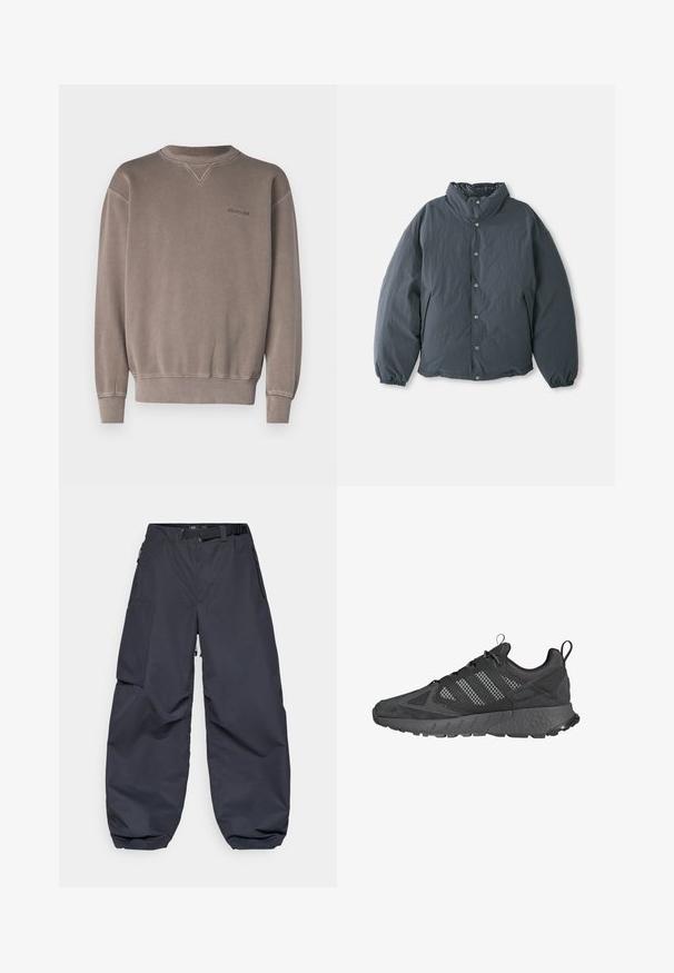 Gevoerde, donkergrijze jas met een hoge kraag, een voorste knoopsluiting en elastische manchetten. Glad oppervlakte met een lichtgewicht ontwerp.; Element CORNELL - Sweater - light brown; Donkergrijze cargobroeken van een zachte, duurzame stof. Ze hebben een brede, losse pasvorm, meerdere zakken en een tailleband voor aanpassing.; Zwarte sportieve schoenen met een bovenwerk van mesh en suede, een gestructureerde rubberen zool, een gevoerde kraag en een kenmerkend ontwerp met drie strepen in het grijs.