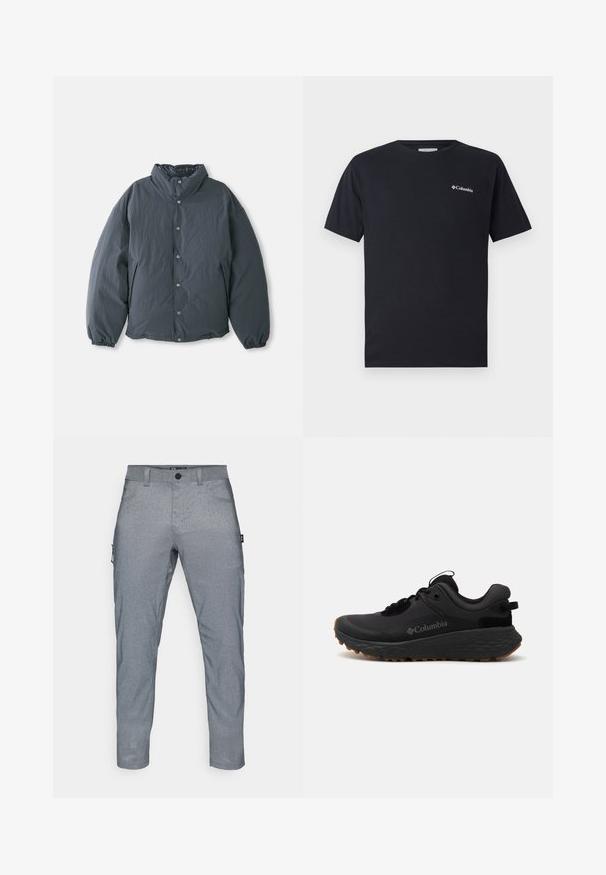 Veste rembourrée gris foncé avec un col haut, fermeture à boutons sur le devant et poignets élastiques. Texture lisse avec un design léger.; T-shirt noir à manches courtes en coton, avec un petit logo blanc Columbia sur la partie gauche de la poitrine. Encolure ronde classique et coupe décontractée.; Pantalons en tissu texturé gris avec une coupe droite, dotés d'une fermeture à bouton sur le devant, de poches latérales et d'une poche cargo supplémentaire sur la jambe gauche.; Baskets noires Columbia avec une surface texturée, un col rembourré et une semelle en caoutchouc présentant un motif distinct pour l'adhérence.