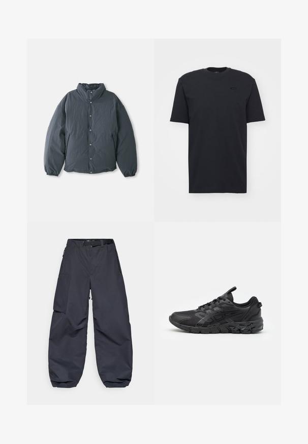 Gevoerde, donkergrijze jas met een hoge kraag, een voorste knoopsluiting en elastische manchetten. Glad oppervlakte met een lichtgewicht ontwerp.; Zwarte katoenen t-shirt met korte mouwen en ronde hals, met een subtiele logo-accent op de borst en een relaxte pasvorm.; Donkergrijze cargobroeken van een zachte, duurzame stof. Ze hebben een brede, losse pasvorm, meerdere zakken en een tailleband voor aanpassing.; ASICS GEL-QUANTUM 90 3 - Hardloopschoenen voor op de weg - black