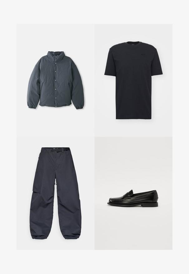 Usztywniona, ciemnoszara kurtka z wysokim kołnierzem, zapinana na guziki z przodu oraz z elastycznymi mankietami. Gładka faktura i lekka konstrukcja.; Czarna bawełniana koszulka z krótkim rękawem o okrągłym dekolcie, z subtelnym akcentem logo na klatce piersiowej i luźnym krojem.; Ciemnoszare spodnie cargo wykonane z miękkiego, trwałego materiału. Mają szeroki, luźny krój, wiele kieszeni oraz pasek w talii do regulacji.; Czarne skórzane loafersy o gładkim wykończeniu, z haftowanym wzorem, niskim obcasem i zaokrąglonym noskiem, prezentujące klasyczną sylwetkę.