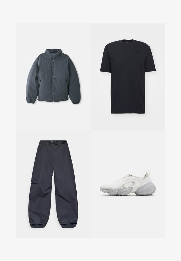 Podstavljena, tamnosiva jakna s visokim ovratnikom, zatvaranjem na gumbe sprijeda i elastičnim manžetama. Glatka tekstura s laganim dizajnom.; Crna pamučna majica kratkih rukava s okruglim izrezom, koja sadrži suptilni logo na prsima i opuštenu siluetu.; Tamno sivi cargo hlače izrađene od mekog, izdržljivog materijala. Imaju širok, slobodan kroj, više džepova i remen za podešavanje struka.; Moderne bijele tenisice s glatkom gornjom stranom, sivim detaljima, zaobljenim oblikom, teksturiranim đonom i bez vidljivih vezica za jednostavno obuvanje.