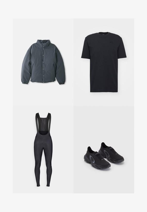 Piegāzts tumši pelēks mētelis ar augstu apkakli, priekšējo pogu aizdari un elastīgām piedurknēm. Gluda tekstūra ar vieglu dizainu.; Melna kokvilnas T-kreklu ar īsām piedurknēm un apļa kakla izgriezumu, ar diskrētu logotipa akcentu uz krūšu daļas un brīvu piegriezumu.; Melnas velosipēdu bikses ar plecu siksnām, ar acu aizmugures paneli un iešūtu polsterētu sēžamvietu, kas nodrošina komfortu braukšanas laikā.; Melnas apavu kedas bez aizdare ar teksturētu augšdaļu un gumijas zoli. Iekļauts pelēks apļa akcentu un elastīga josla pāri instepam, lai nodrošinātu labāku fit.