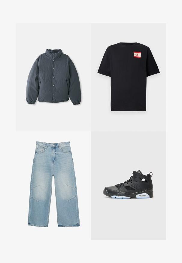 Usztywniona, ciemnoszara kurtka z wysokim kołnierzem, zapinana na guziki z przodu oraz z elastycznymi mankietami. Gładka faktura i lekka konstrukcja.; Czarna koszulka z krótkim rękawem wykonana z bawełny, z czerwono-białą naszywką z logo na lewej stronie klatki piersiowej. Klasyczny dekolt typu crew neck.; Jasnoniebieskie dżinsy z szerokimi nogawkami, z widocznym szwem, dwiema przednimi kieszeniami i kątowymi detalami cięcia na nogawkach.; Czarne wysokie trampki wykonane z gładkiej skóry z siateczkowymi panelami. Posiadają ciemne sznurówki, białą podeszwę środkową z widoczną jednostką powietrzną oraz gumową podeszwę.