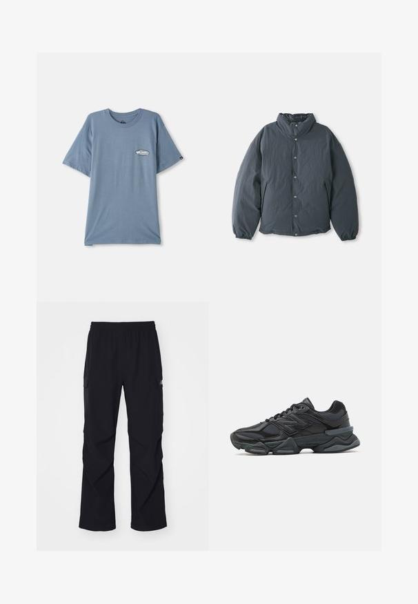 Padded, dark gray jacket with a high collar, front button closure, and elastic cuffs. Smooth texture with a lightweight design.; Blue cotton t-shirt with short sleeves, crew neck, and a small logo print on the left chest area. Soft texture, relaxed fit.; Black cargo pants made of lightweight material, featuring an elastic waistband, side pockets, and a straight leg design.; Black running shoe featuring a mix of mesh and synthetic materials, chunky sole, curved design, and prominent branding on the side.