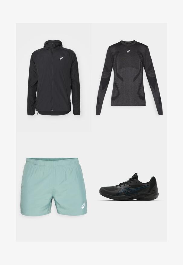Casaco leve preto com capuz, fecho de correr à frente, mangas longas e um logótipo refletor na parte superior esquerda do peito. Textura suave e design aerodinâmico.; Camisa desportiva de mangas longas em cinza escuro, com detalhes texturizados em cinza mais claro. Gola redonda com logótipo no peito.; ASICS CORE SHORT - Calções desportivos - celadon; ASICS SOLUTION SPEED FF 3 CLAY - Sapatilhas para ténis em terra batida - black/prism blue