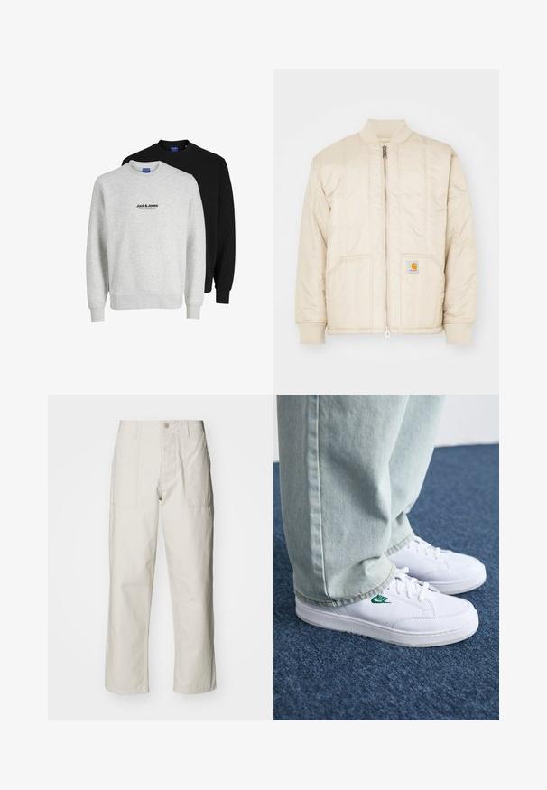 Bomber jacket color beige chiaro con zip frontale, colletto e polsini a coste, due tasche e motivi di cucitura verticali. Logo Carhartt sulla tasca.; Due felpe di Jack & Jones: una grigia chiara con logo, l'altra nera. Entrambe hanno colli rotondi e polsini a costine.; Pantaloni a gamba larga beige chiaro in cotone. Presentano tasche frontali e chiusura con bottone. Tessuto liscio con sottili linee verticali.; Sneakers in pelle bianca con logo Nike verde, punta rotonda, suola piatta, abbinati a pantaloni in denim azzurro, mostrati su un tappeto blu.