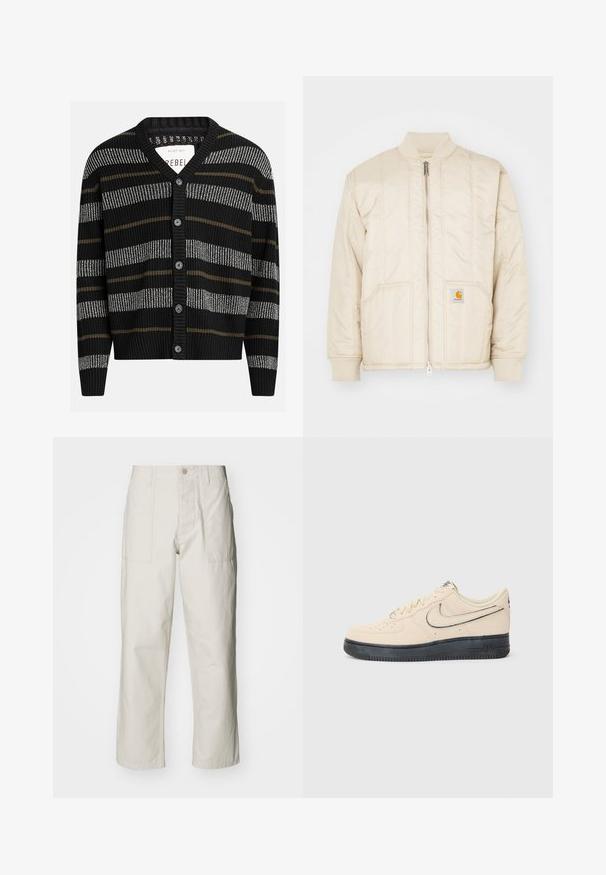 Svijetlosmeđa bomber jakna s prednjim patentnim zatvaračem, rebrastim ovratnikom i manžetama, dva džepa i okomitima šavovima. Carhartt logotip na džepu.; Crna kardigan s vertikalnim trakama u sivoj i maslinastoj boji. Ima V-izrez, rebraste manžete i šest crnih dugmadi sprijeda.; Svijetlosmeđe široke hlače od pamuka. Imaju prednje džepove i kopčanje na dugme. Glatka tekstura s suptilnim vertikalnim linijama.; Beige suede Nike Air Force 1 tenisice s crnom gumiranom potplatom, šivenim detaljima, perforiranim prstom i istaknutim swoosh logom.