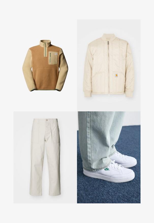Šviesiai smėlio spalvos bombonešis su priekiniais užtrauktukais, šonkačio apykakle ir rankogaliais, dviem kišenėmis ir vertikaliomis siuvimo linijomis. Carhartt logotipas ant kišenės.; Rudo ir smėlio spalvos fliso puloveris su puse užtrauktuku, priekinė krūtinės kišenė ir The North Face logotipas kairėje pusėje. Textūruota medžiaga.; Šviesiai pilki plačius kelnes, pagamintas iš medvilnės. Yra priekinės kišenės ir mygtuko uždarymas. Lygus paviršius su subtiliomis vertikaliomis linijomis.; Balti odiniai sportbačiai su žaliu Nike logotipu, apvalia nosimi, plokščiu padu, derinami su šviesiai mėlynomis džinsinėmis kelnėmis, rodomi ant mėlynos kiliminės dangos.