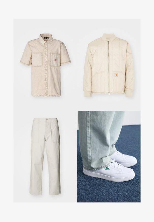 Chaqueta bomber de color beige claro con cremallera frontal, cuello y puños de canalé, dos bolsillos y patrones de costura vertical. Logo de Carhartt en el bolsillo.; Camisa beige de manga corta con botones delanteros, dos bolsillos en el pecho, detalles de costura visibles y un cuello clásico.; Pantalones de pierna ancha color beige claro, hechos de algodón. Cuentan con bolsillos frontales y cierre de botón. Textura suave con sutiles líneas verticales.; Zapatillas de cuero blanco con logo de Nike verde, puntera redonda, suela plana, combinadas con pantalones de mezclilla azul claro, sobre una alfombra azul.