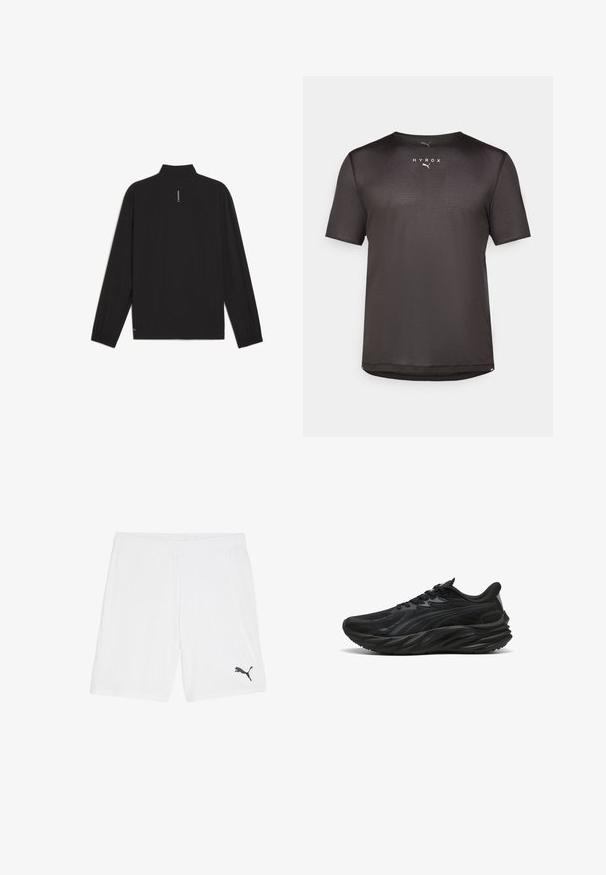 Jachetă lungă neagră cu mâneci lungi și guler în picioare, cu manșete elastice, tiv drept și un detaliu vertical al unui logo alb la spate.; Cămașă sportivă scurtă, de culoare neagră, fabricată dintr-un material din plasă texturată. Are guler rotund și logo-ul imprimat "HYROX" pe partea din față.; Pantaloni scurți sport albi, dintr-un material ușor, cu un elastic la talie și un mic logo negru în partea stângă jos.; Pantof cu design sportiv de culoare neagră, cu un material texturat pe partea superioară, talpă curbată și toc întărit. Prezintă șireturi și un element de design discret pe lateral.