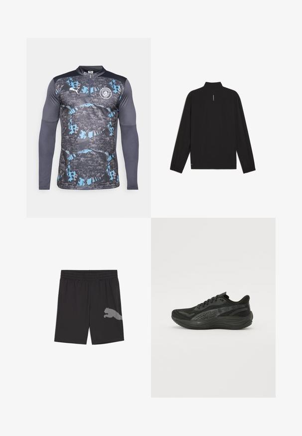 Juodas ilgas rankovėmis švarkas su stovinčiu apykakle, turi elastingas rankoves, tiesią apačią ir vertikalią baltą logotipo detalę nugaros pusėje.; Ilgas rankovės sporto megztinis su pusiniu užtrauktuku, pilkai mėlynas raštuotas dizainas, su logotipu ant krūtinės ir tekstūruotomis rankovėmis.; Juodi atletiniai šortai, pagaminti iš lengvos medžiagos, turi elastinę juostą ir atspindinčią šuoliuojančio katės logotipą šone.; Juodos sportinės bateliai su tekstūruotu mezginiu, plokščiomis raištelėmis ir paminkštintu padu, turinčiu subtilius atspindinčius akcentus.
