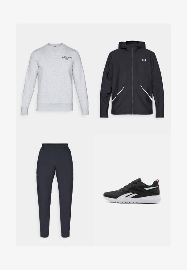 Musta vetoketjullinen huppari valkoisilla yksityiskohdilla ja logolla, jossa on pitkät hihat ja tyylikäs, sileäpintainen kangas.; Harmaa svetari pehmeästä materiaalista. Sisältää V-pääntien, ribbaatut hihansuut ja pienen mustan logon painettuna vasempaan yläkulmaan.; Mustat urheiluhousut, joissa on sileä pinta, kapea malli, joustava vyötäkuja ja sivutaskut. Vasemmassa reisissä on pieni logo.; Mustat urheilukengät, joissa on verkkopintainen, valkoiset yksityiskohdat, teksturoitu pohja ja punainen kantatuki lisäyksityiskohtana.