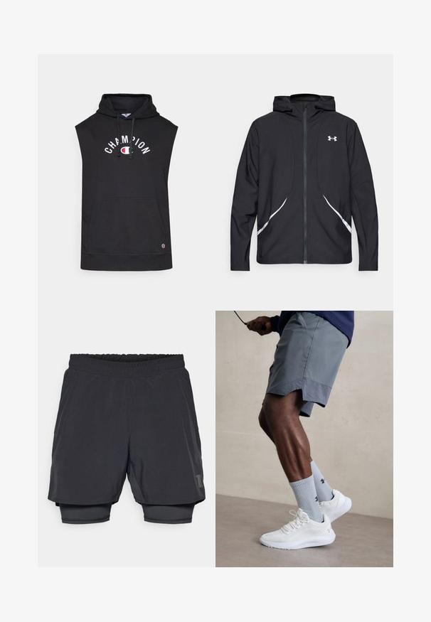 Schwarze Kapuzenjacke mit Reißverschluss, weiß abgesetzte Akzente und Logo, mit langen Ärmeln und einem eleganten, glatten Stoff.; Schwarze ärmellose Kapuzenjacke mit Fronttasche, die das „CHAMPION“-Logo in weißem Text trägt. Hergestellt aus weichem Stoff mit verstellbarem Kordelzug an der Kapuze.; Schwarze Sportshorts mit elastischem Bund, schichtweise Design und angepasster Innenauskleidung. Mit einem dezenten Logo an der unteren Seite.; Weiße Sportschuhe mit strukturiertem Mesh-Obermaterial, kombiniert mit hellblauen gerippten Socken mit einem Logo. Graue Sportshorts mit perforiertem Saum.