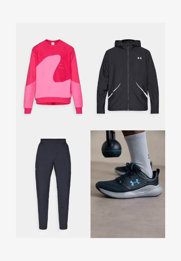 Musta vetoketjullinen huppari valkoisilla yksityiskohdilla ja logolla, jossa on pitkät hihat ja tyylikäs, sileäpintainen kangas.; Fleecehuppari kirkkaissa vaaleanpunaisissa sävyissä, jossa on abstrakteja vaaleampia pinkkejä muotoja, ribattu hihansuut ja helma sekä pyöreä kaula-aukko.; Mustat urheiluhousut, joissa on sileä pinta, kapea malli, joustava vyötäkuja ja sivutaskut. Vasemmassa reisissä on pieni logo.; Mustat urheilukengät sinisillä yksityiskohdilla, teksturoitu pinta ja harmaa pohja. Vaatteena harmaat ribbited socksit, mustan kettlebellin vieressä.